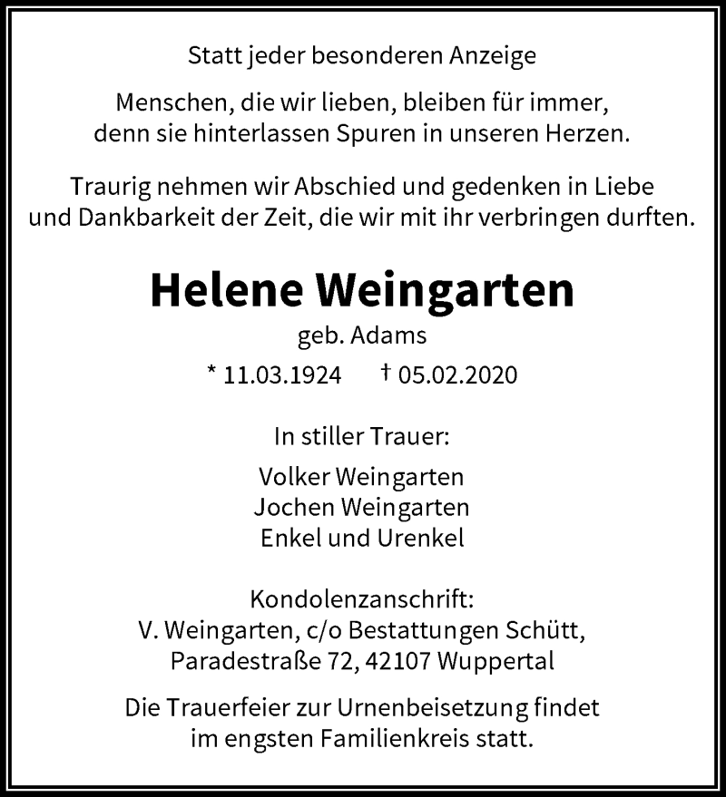 Traueranzeige für Helene Weingarten vom 22.02.2020 aus trauer.wuppertaler-rundschau.de