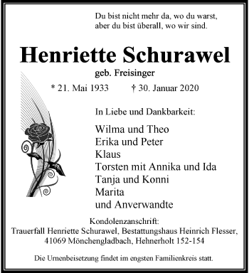 Traueranzeige von Henriette Schurawel von trauer.extra-tipp-moenchengladbach.de