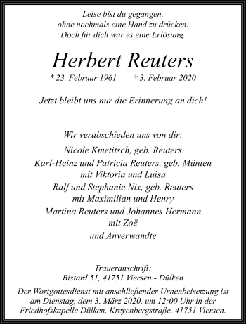 Traueranzeige von Herbert Reuters von trauer.extra-tipp-moenchengladbach.de