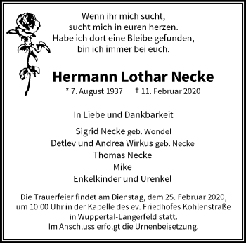 Traueranzeige von Hermann Lothar Necke von trauer.wuppertaler-rundschau.de