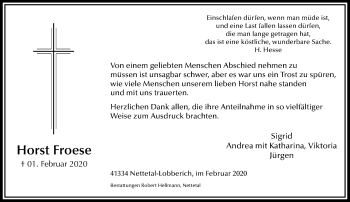 Traueranzeige von Horst Froese von trauer.extra-tipp-moenchengladbach.de