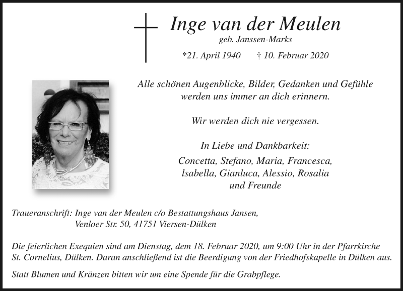  Traueranzeige für Inge van der Meulen vom 16.02.2020 aus trauer.extra-tipp-moenchengladbach.de