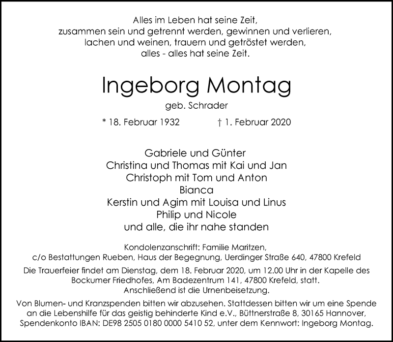  Traueranzeige für Ingeborg Montag vom 09.02.2020 aus trauer.mein.krefeld.de