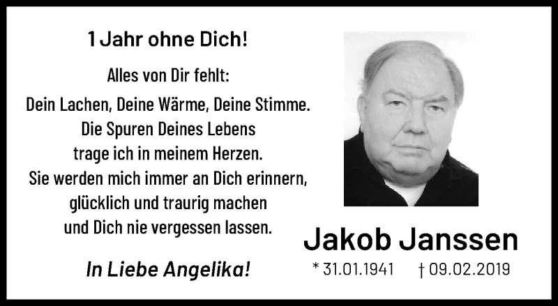 Traueranzeige für Jakob Janssen vom 09.02.2020 aus trauer.mein.krefeld.de