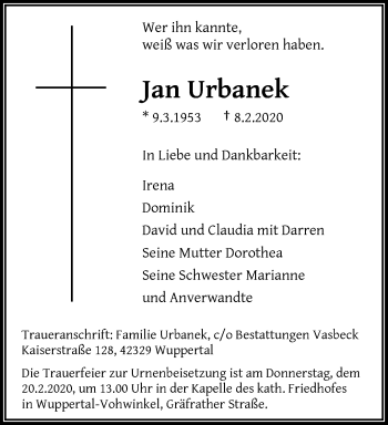 Traueranzeige von Jan Urbanek von trauer.wuppertaler-rundschau.de