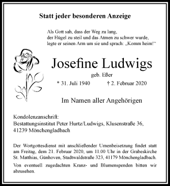 Traueranzeige von Josefine Ludwigs von trauer.extra-tipp-moenchengladbach.de