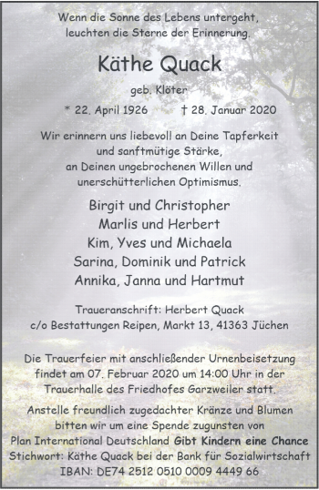 Traueranzeige von Käthe Quack von trauer.stadt-kurier.de