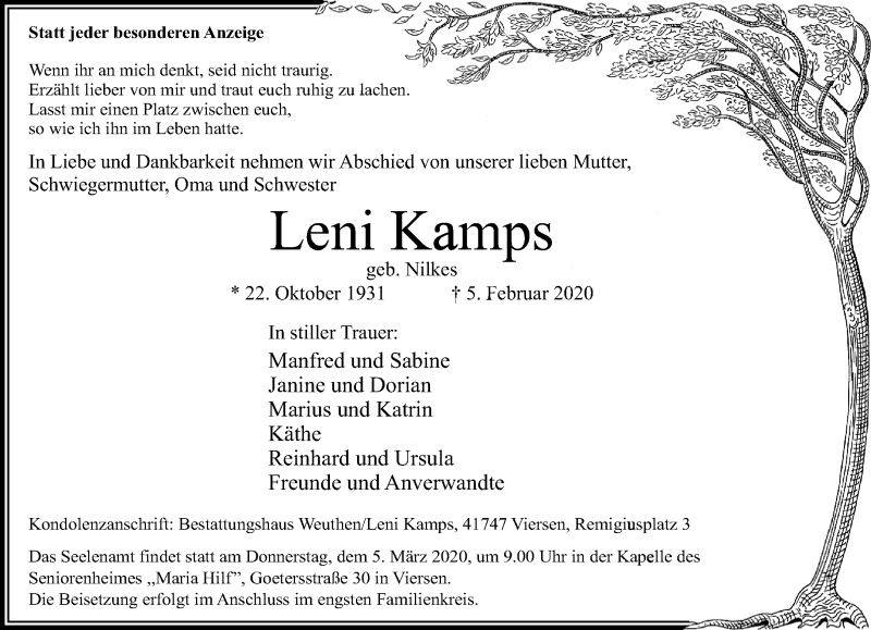  Traueranzeige für Leni Kamps vom 01.03.2020 aus trauer.extra-tipp-moenchengladbach.de