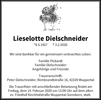 Traueranzeige von Lieselotte Dielschneider von trauer.wuppertaler-rundschau.de