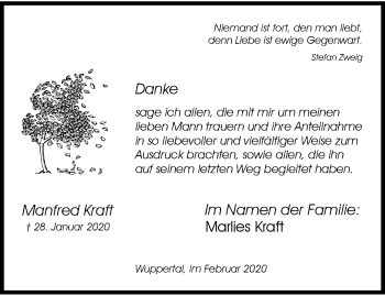 Traueranzeige von Manfred Kraft von trauer.wuppertaler-rundschau.de