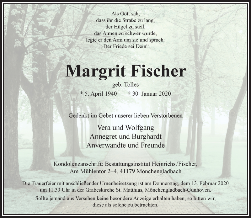  Traueranzeige für Margrit Fischer vom 09.02.2020 aus trauer.extra-tipp-moenchengladbach.de