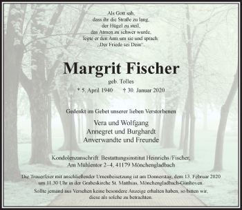 Traueranzeige von Margrit Fischer von trauer.extra-tipp-moenchengladbach.de