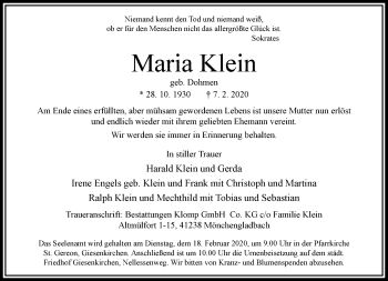 Traueranzeige von Maria Klein von trauer.extra-tipp-moenchengladbach.de