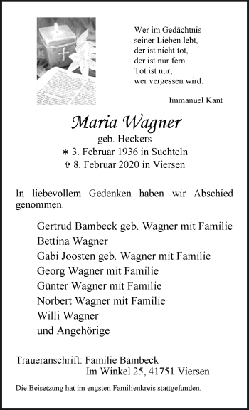 Traueranzeige von Maria Wagner von trauer.extra-tipp-moenchengladbach.de