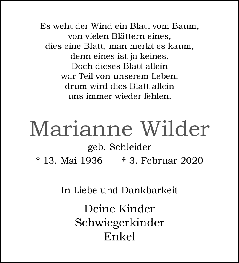  Traueranzeige für Marianne Wilder vom 16.02.2020 aus trauer.extra-tipp-moenchengladbach.de
