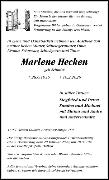 Traueranzeige von Marlene Hecken von trauer.extra-tipp-moenchengladbach.de