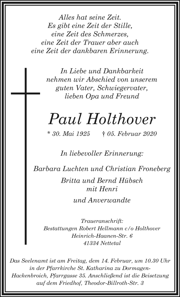  Traueranzeige für Paul Holthover vom 09.02.2020 aus trauer.extra-tipp-moenchengladbach.de