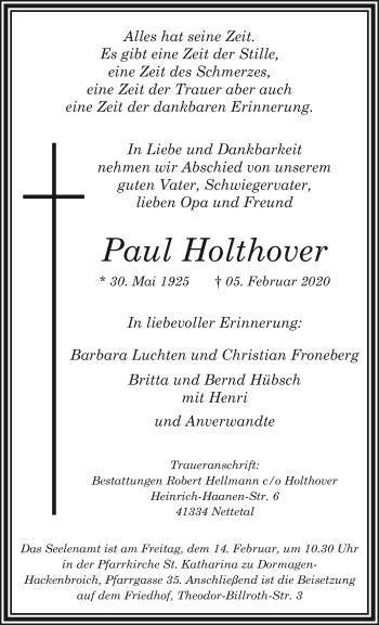 Traueranzeige von Paul Holthover von trauer.extra-tipp-moenchengladbach.de