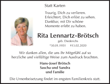 Traueranzeige von Rita Lennartz-Brötsch von trauer.extra-tipp-moenchengladbach.de
