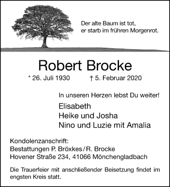 Traueranzeige von Robert Brocke von trauer.extra-tipp-moenchengladbach.de