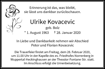 Traueranzeige von Ulrike Kovacevic von trauer.wuppertaler-rundschau.de