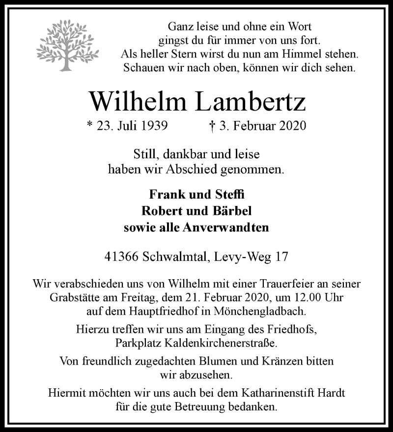 Traueranzeige für Wilhelm Lambertz vom 16.02.2020 aus trauer.extra-tipp-moenchengladbach.de