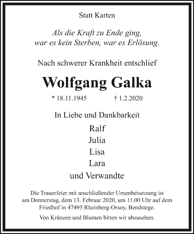  Traueranzeige für Wolfgang Galka vom 09.02.2020 aus trauer.stadt-panorame.de