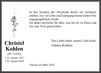 Traueranzeige von Christel Kohlen von trauer.extra-tipp-moenchengladbach.de