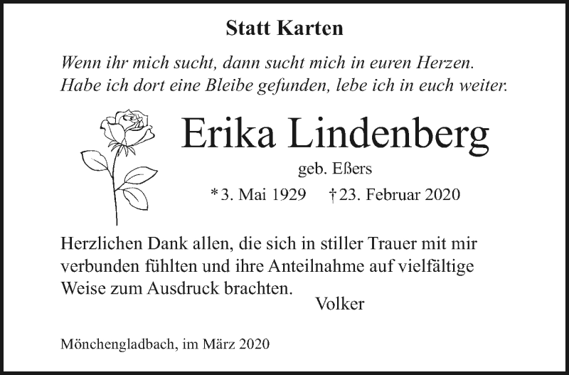  Traueranzeige für Erika Lindenberg vom 22.03.2020 aus trauer.extra-tipp-moenchengladbach.de