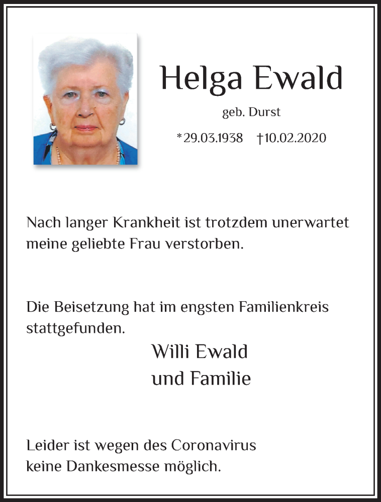 Traueranzeige für Helga Ewald vom 22.03.2020 aus trauer.extra-tipp-moenchengladbach.de