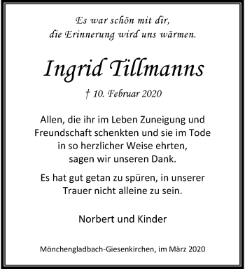 Traueranzeige von Ingrid Tillmanns von trauer.extra-tipp-moenchengladbach.de