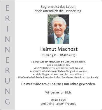 Traueranzeige von Helmut Machost von trauer.mein.krefeld.de