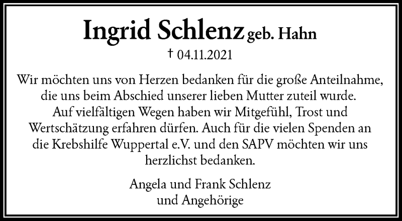  Traueranzeige für Ingrid Schlenz vom 25.12.2021 aus trauer.wuppertaler-rundschau.de