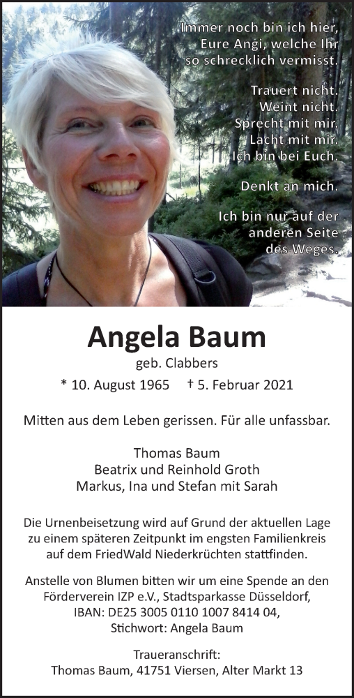 Traueranzeige für Angela Baum vom 14.02.2021 aus trauer.extra-tipp-moenchengladbach.de