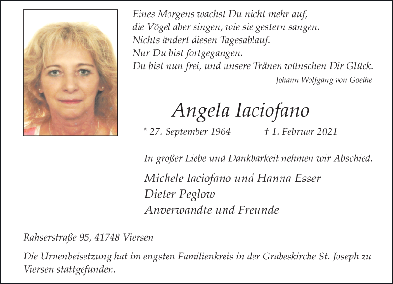  Traueranzeige für Angela Iaciofano vom 14.02.2021 aus trauer.extra-tipp-moenchengladbach.de