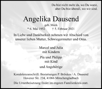 Traueranzeige von Angelika Dausend von trauer.extra-tipp-moenchengladbach.de