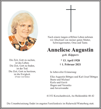 Traueranzeige von Anneliese Augustin von trauer.extra-tipp-moenchengladbach.de