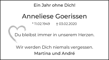 Traueranzeige von Anneliese Goerissen von trauer.extra-tipp-moenchengladbach.de