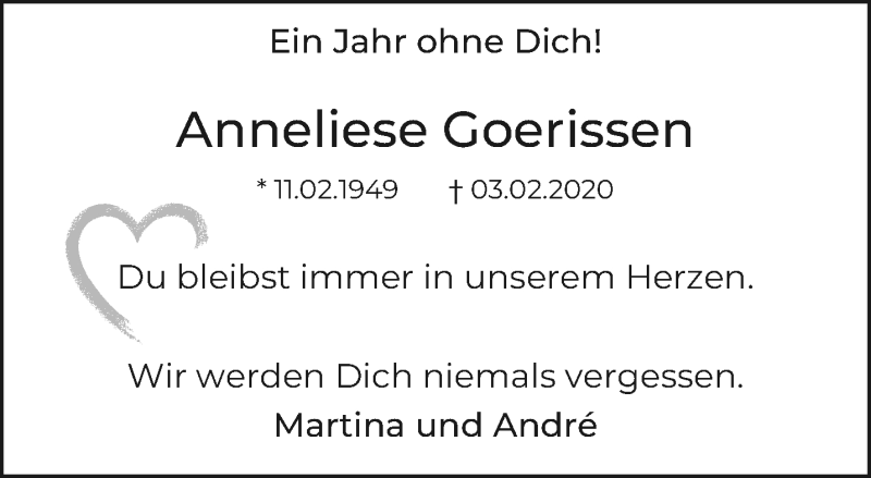  Traueranzeige für Anneliese Goerissen vom 07.02.2021 aus trauer.extra-tipp-moenchengladbach.de