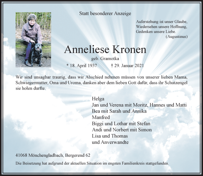  Traueranzeige für Anneliese Kronen vom 07.02.2021 aus trauer.extra-tipp-moenchengladbach.de