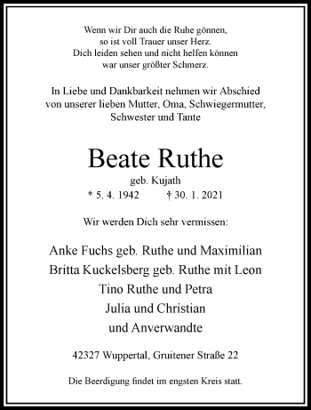 Traueranzeige von Beate Ruthe von trauer.wuppertaler-rundschau.de
