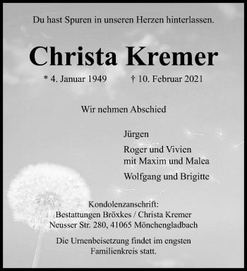 Traueranzeige von Christa Kremer von trauer.extra-tipp-moenchengladbach.de