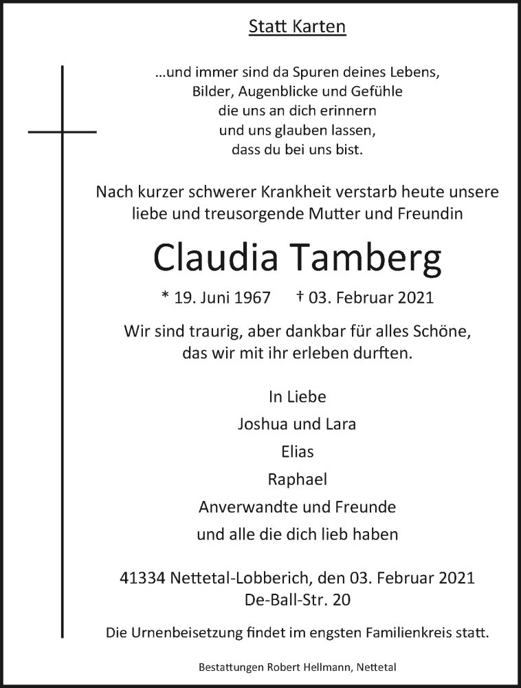  Traueranzeige für Claudia Tamberg vom 07.02.2021 aus trauer.extra-tipp-moenchengladbach.de