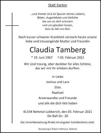 Traueranzeige von Claudia Tamberg von trauer.extra-tipp-moenchengladbach.de