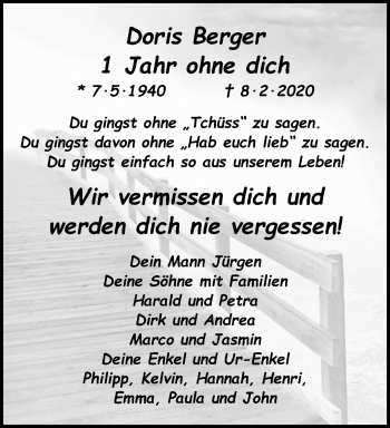Traueranzeige von Doris Berger von trauer.extra-tipp-moenchengladbach.de
