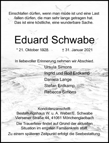 Traueranzeige von Eduard Schwabe von trauer.extra-tipp-moenchengladbach.de
