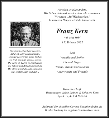 Traueranzeige von Franz Kern von trauer.extra-tipp-moenchengladbach.de