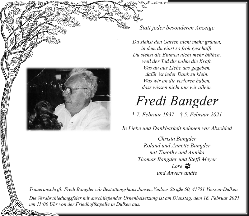  Traueranzeige für Fredi Bangder vom 14.02.2021 aus trauer.extra-tipp-moenchengladbach.de