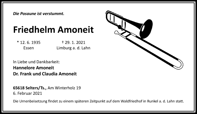  Traueranzeige für Friedhelm Amoneit vom 06.02.2021 aus trauer.wuppertaler-rundschau.de