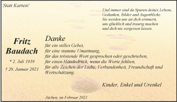 Traueranzeige von Fritz Baudach von trauer.stadt-kurier.de
